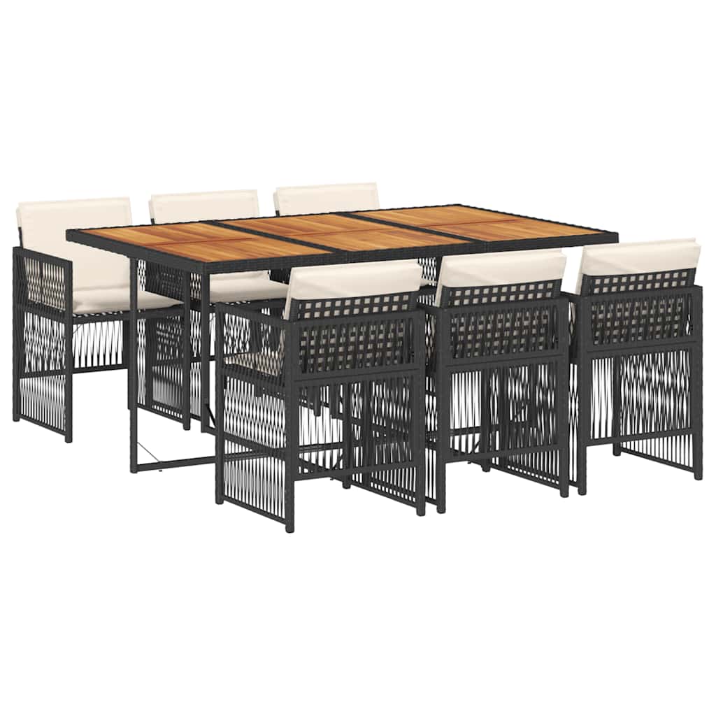 7 Piece Garden Dining Set with Cushions Black Poly Rattan