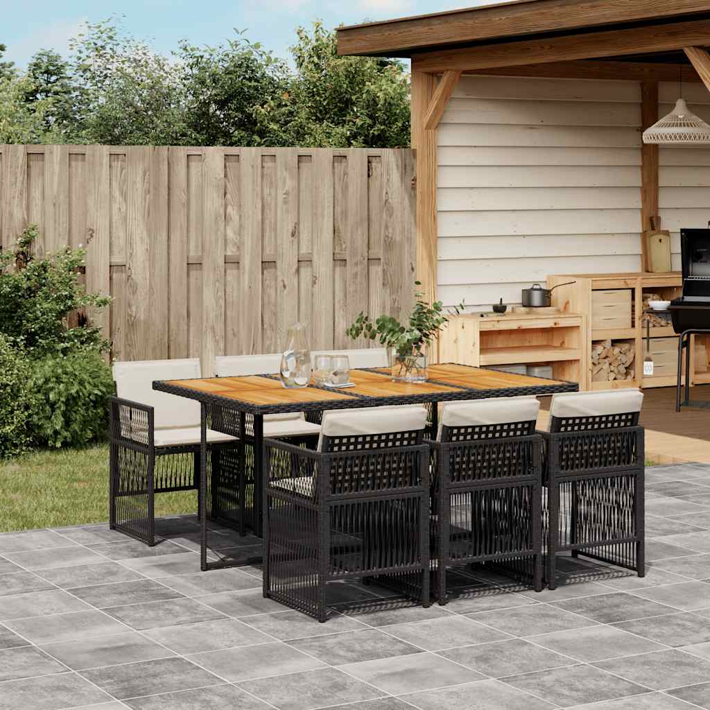 7 Piece Garden Dining Set with Cushions Black Poly Rattan