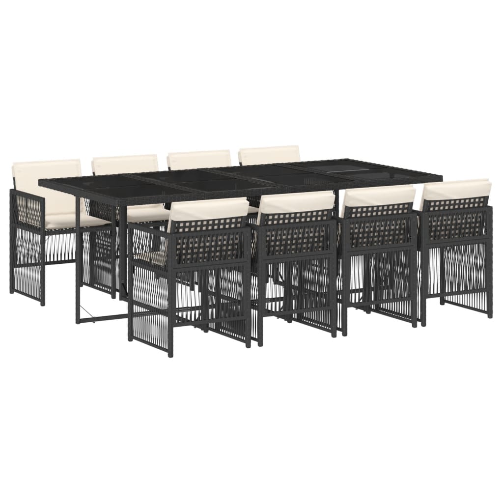 9 Piece Garden Dining Set with Cushions Black Poly Rattan