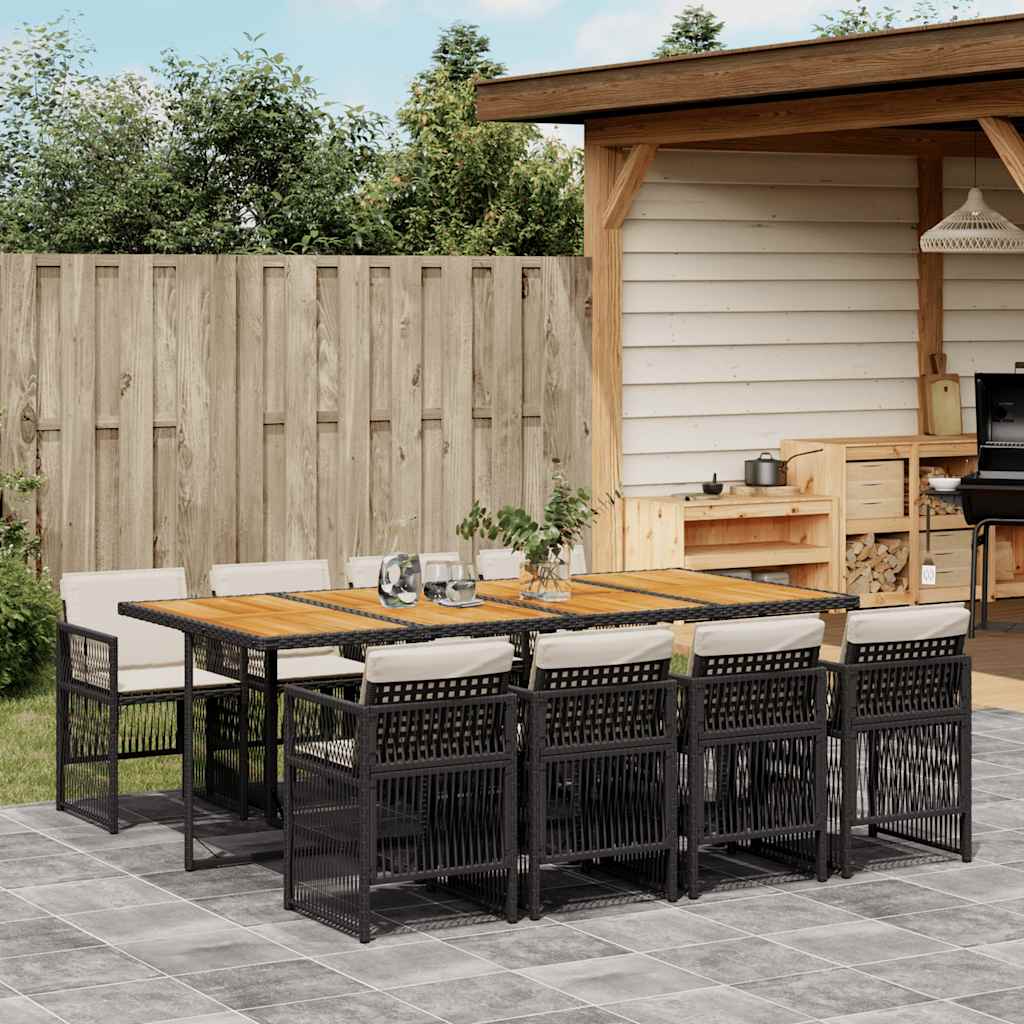 9 Piece Garden Dining Set with Cushions Black Poly Rattan