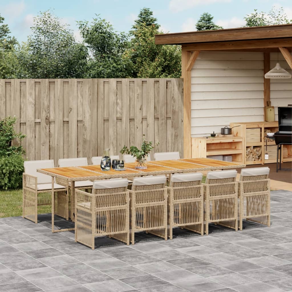 11 Piece Garden Dining Set with Cushions Beige Poly Rattan