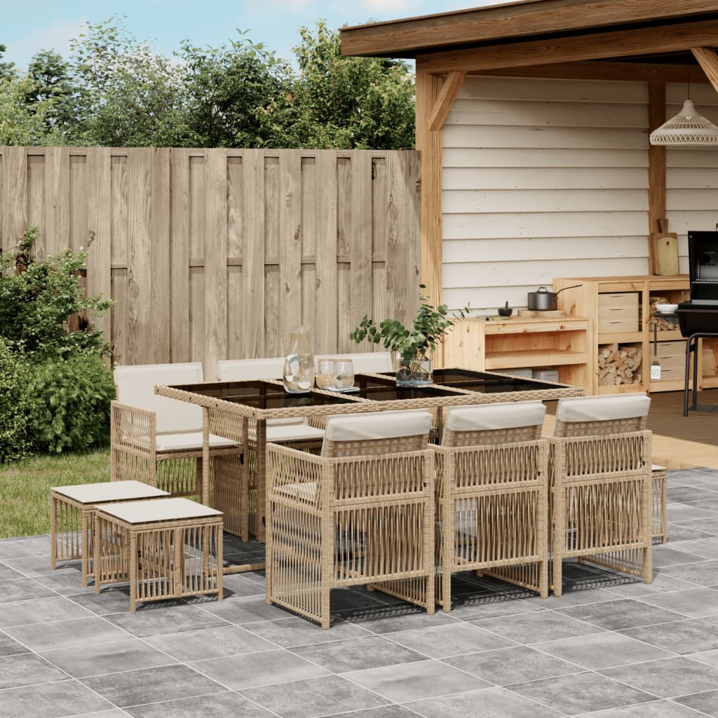 11 Piece Garden Dining Set with Cushions Beige Poly Rattan