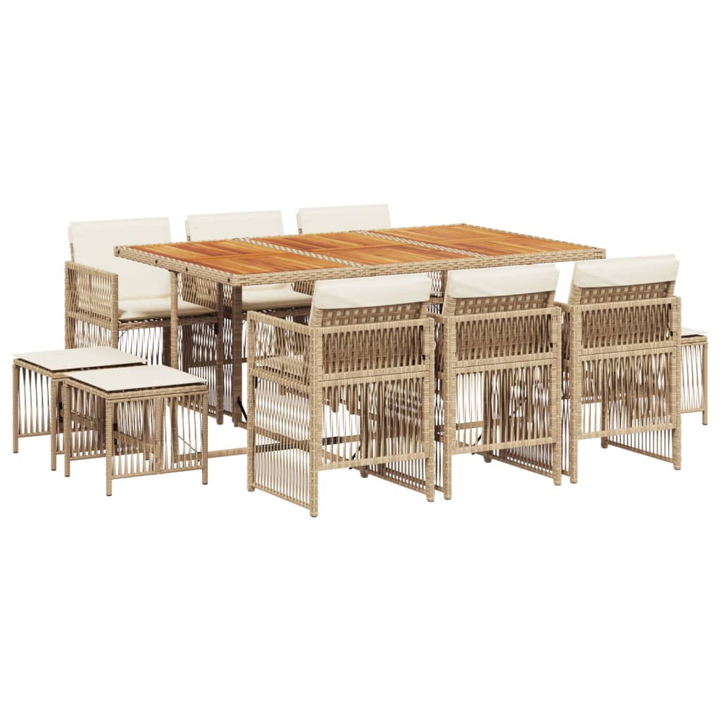 11 Piece Garden Dining Set with Cushions Beige Poly Rattan