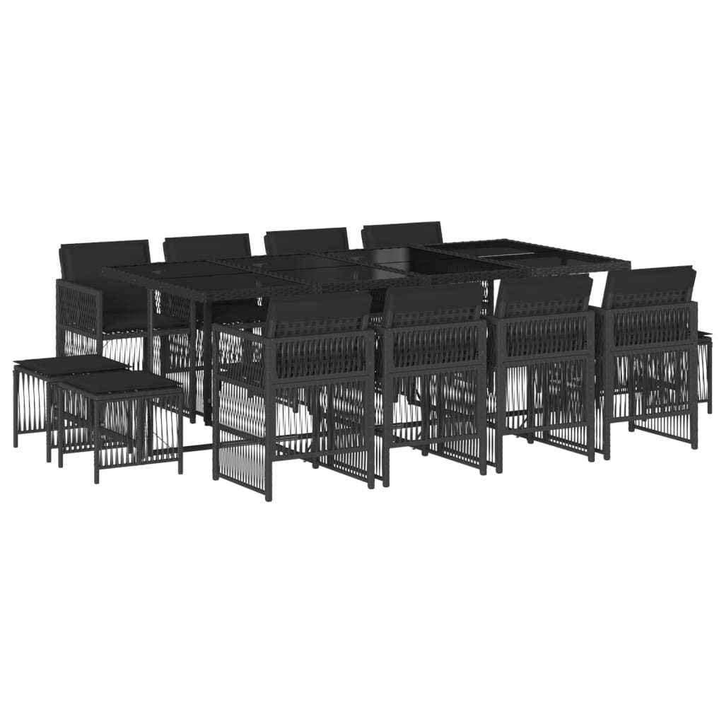 13 Piece Garden Dining Set with Cushions Black Poly Rattan