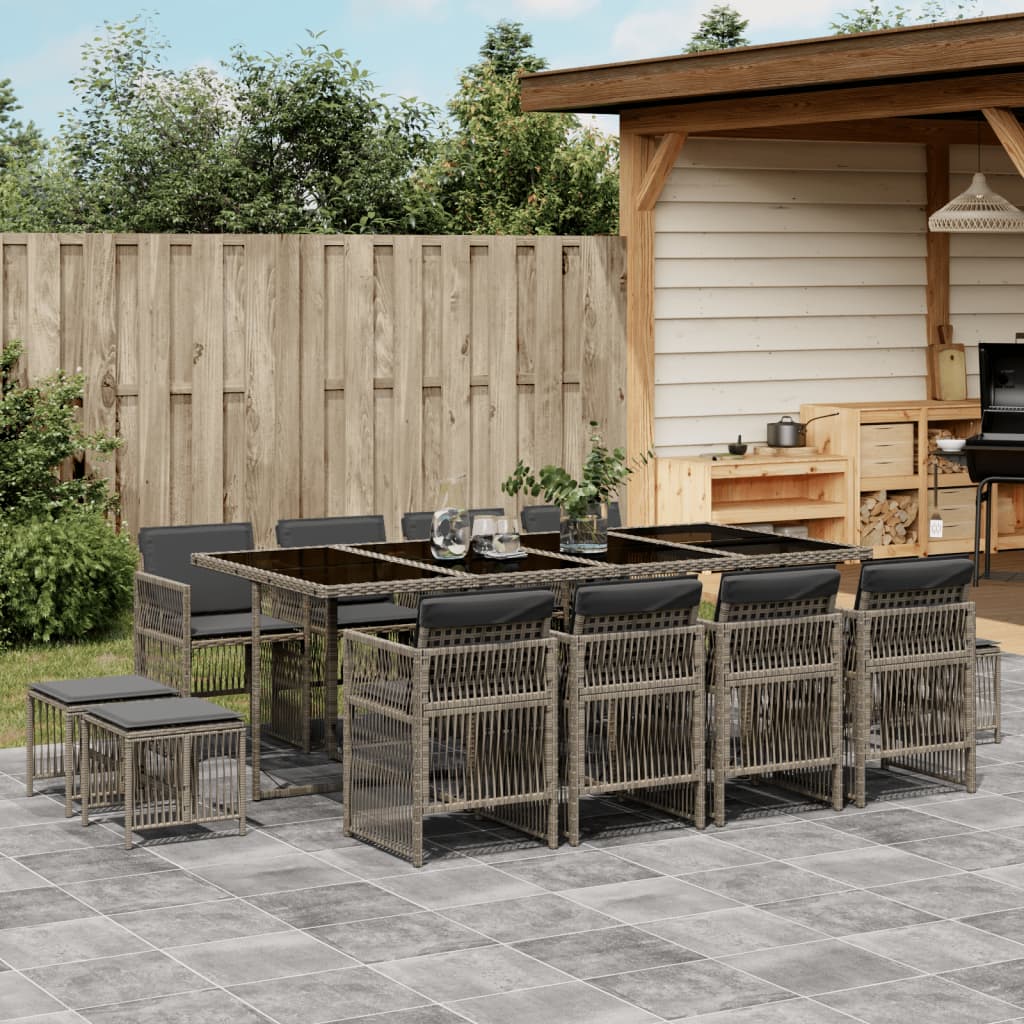13 Piece Garden Dining Set with Cushions Grey Poly Rattan