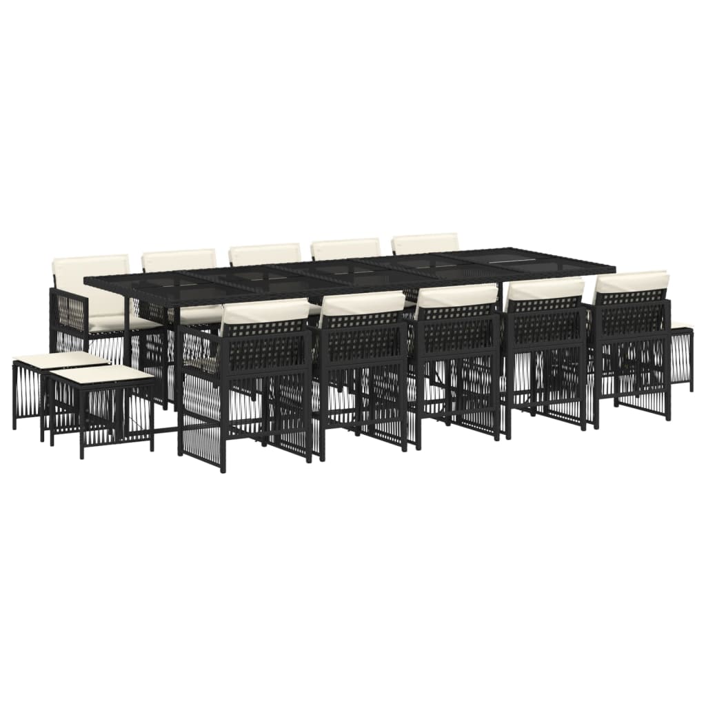 15 Piece Garden Dining Set with Cushions Black Poly Rattan