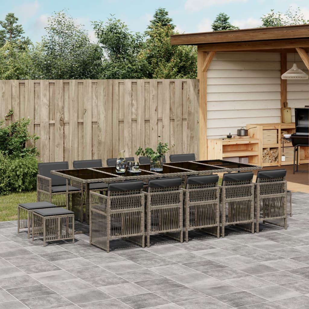 15 Piece Garden Dining Set with Cushions Grey Poly Rattan