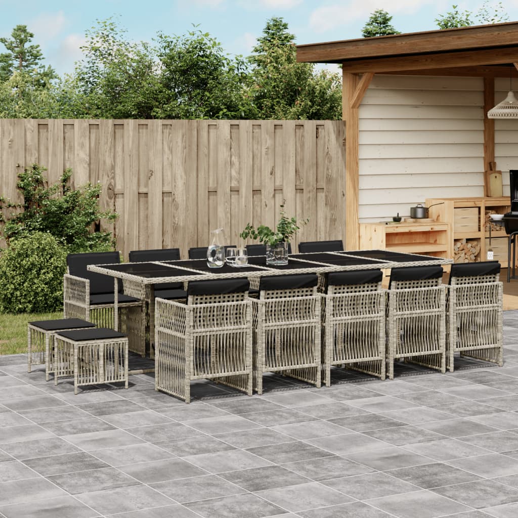 15 Piece Garden Dining Set with Cushions Light Grey Poly Rattan