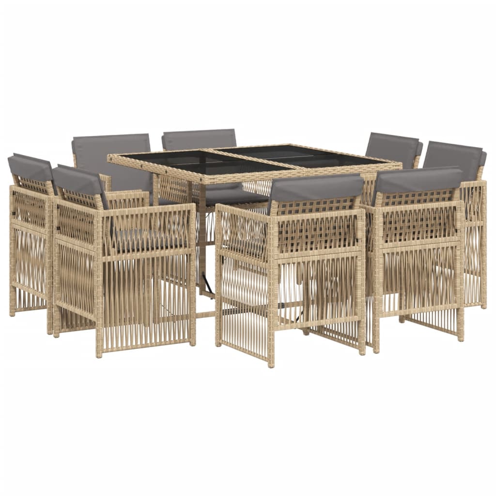 9 Piece Garden Dining Set with Cushions Mix Beige Poly Rattan
