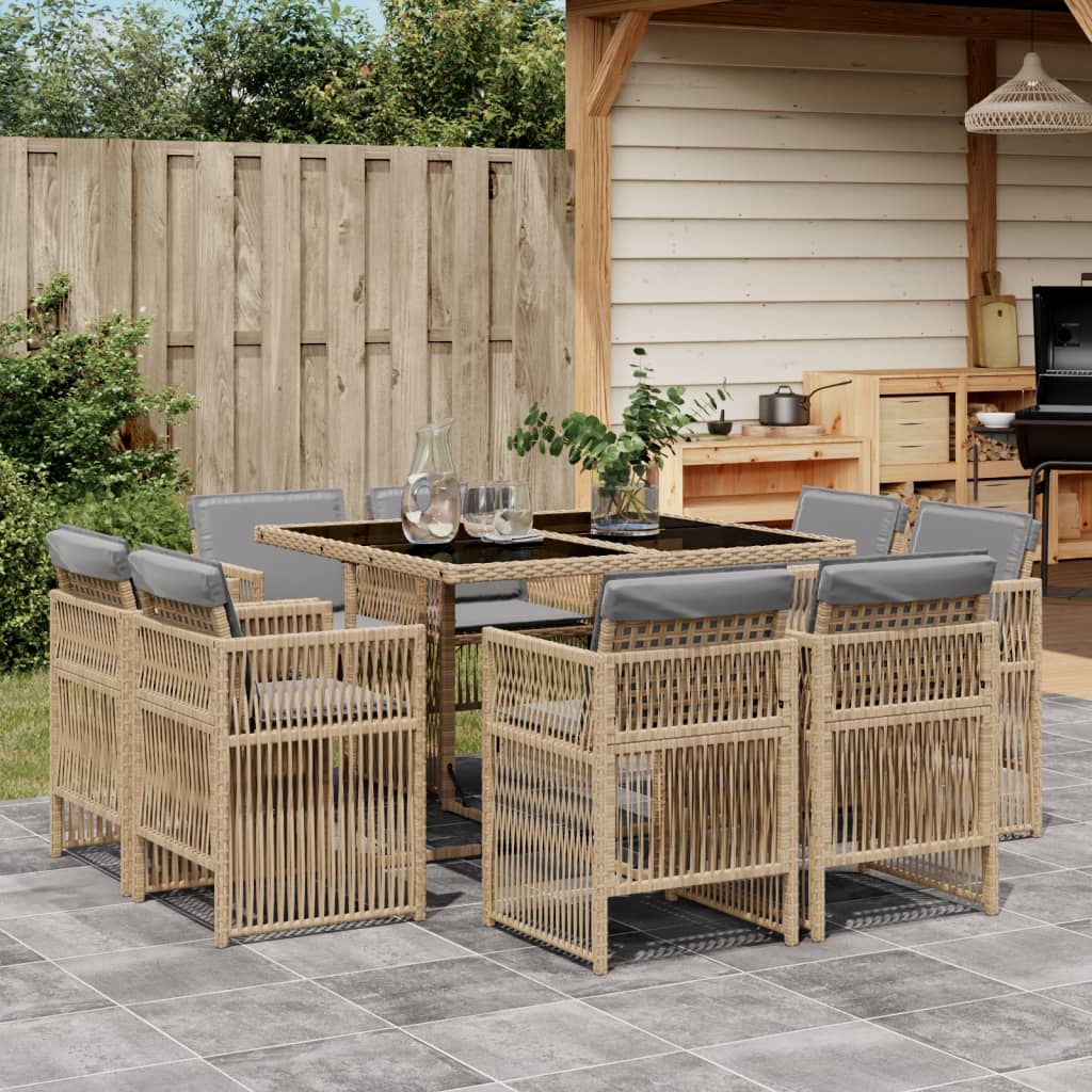 9 Piece Garden Dining Set with Cushions Mix Beige Poly Rattan