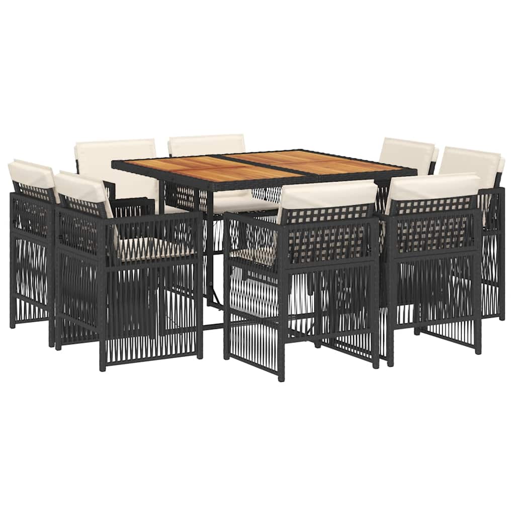 9 Piece Garden Dining Set with Cushions Black Poly Rattan