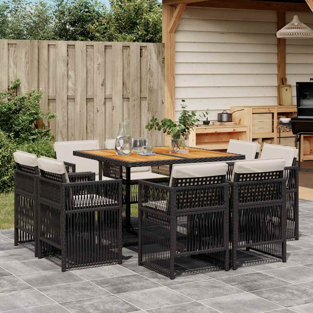 9 Piece Garden Dining Set with Cushions Black Poly Rattan