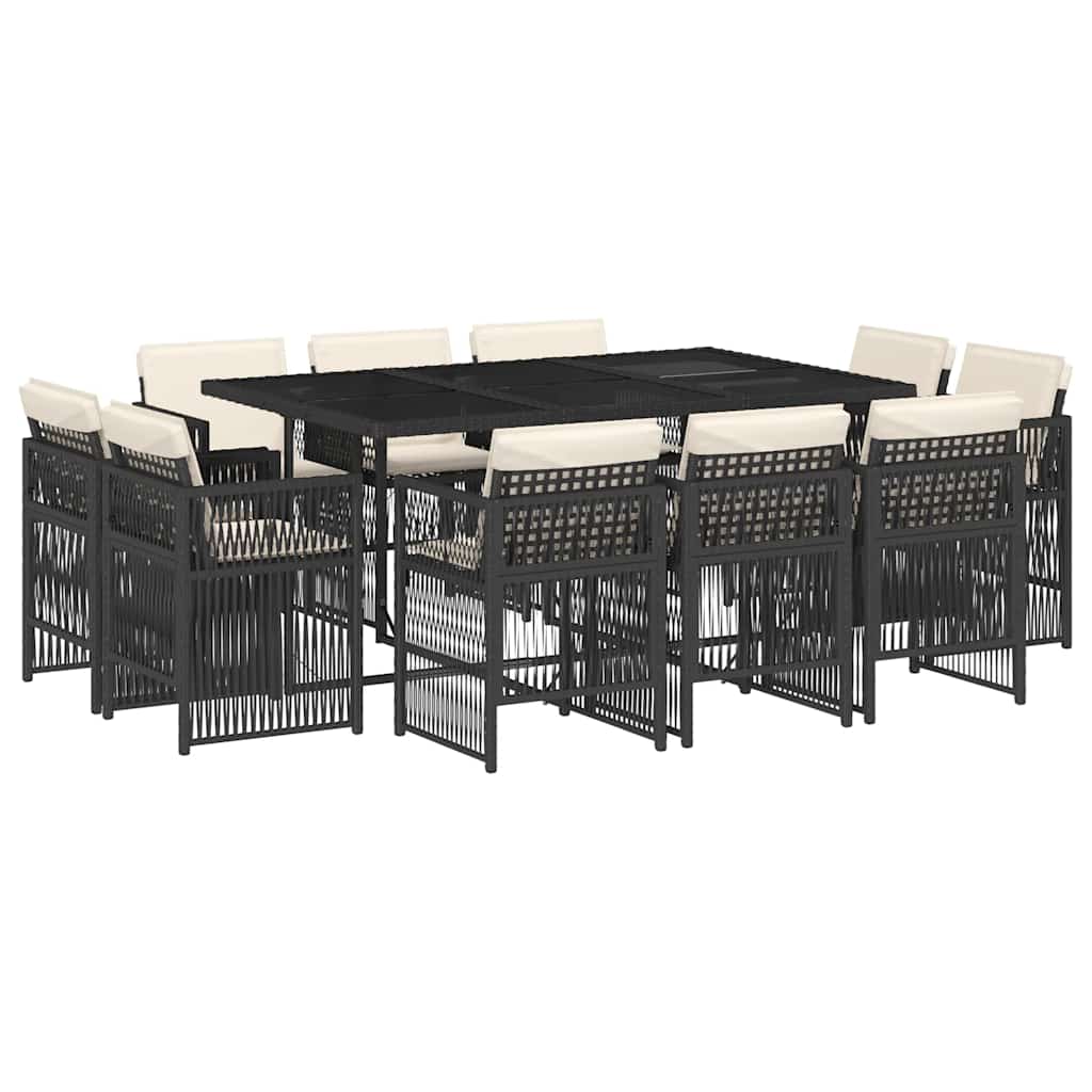 11 Piece Garden Dining Set with Cushions Black Poly Rattan