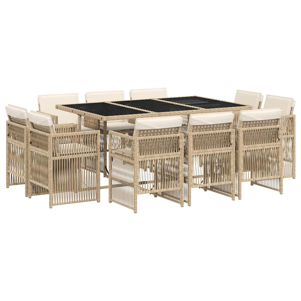 11 Piece Garden Dining Set with Cushions Beige Poly Rattan