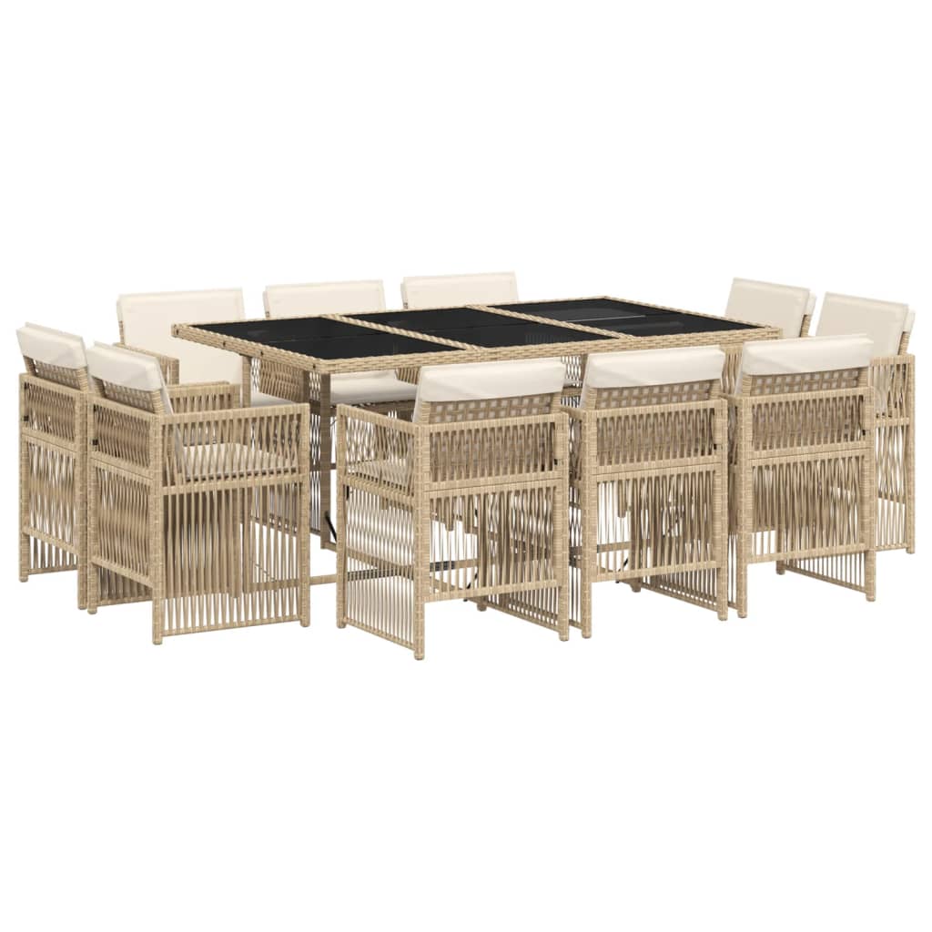11 Piece Garden Dining Set with Cushions Beige Poly Rattan