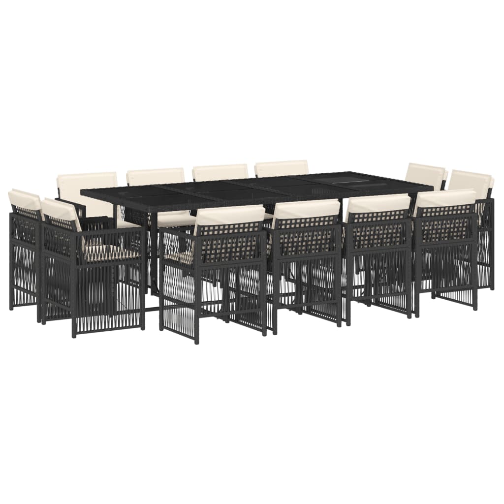 13 Piece Garden Dining Set with Cushions Black Poly Rattan