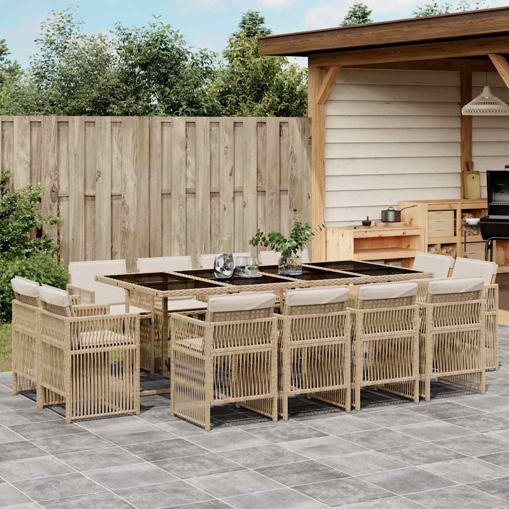 13 Piece Garden Dining Set with Cushions Beige Poly Rattan