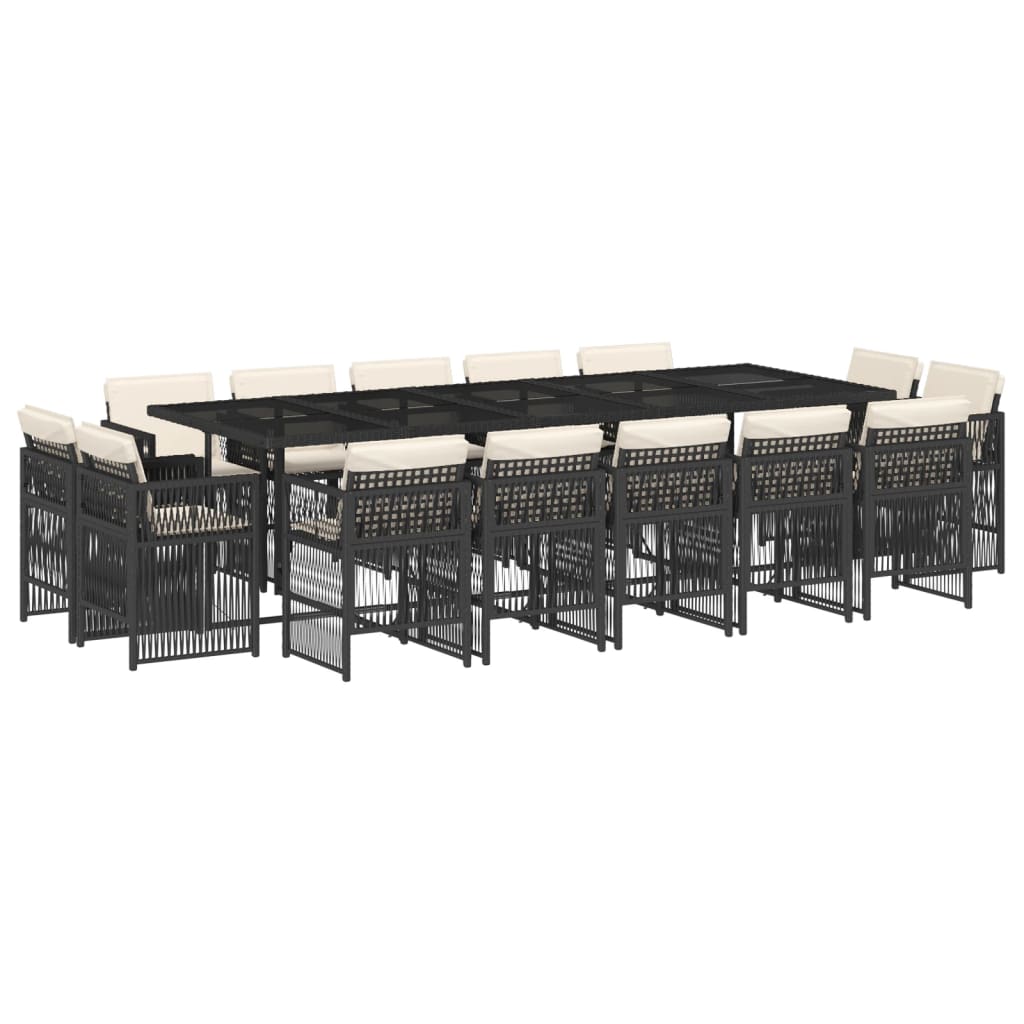 15 Piece Garden Dining Set with Cushions Black Poly Rattan