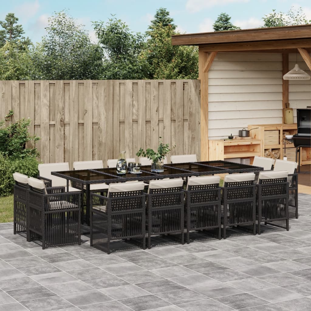 15 Piece Garden Dining Set with Cushions Black Poly Rattan