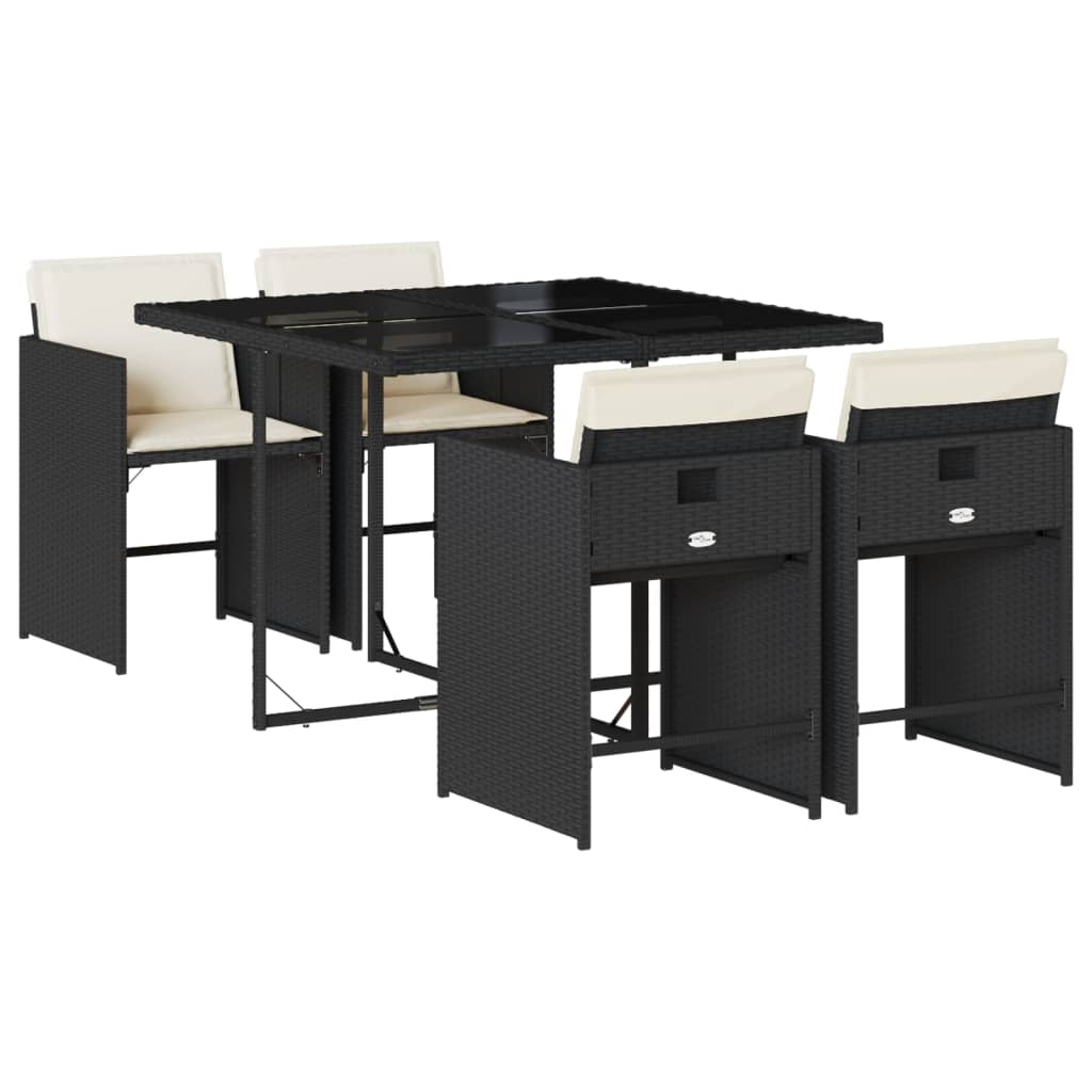 5 Piece Garden Dining Set with Cushions Black Poly Rattan