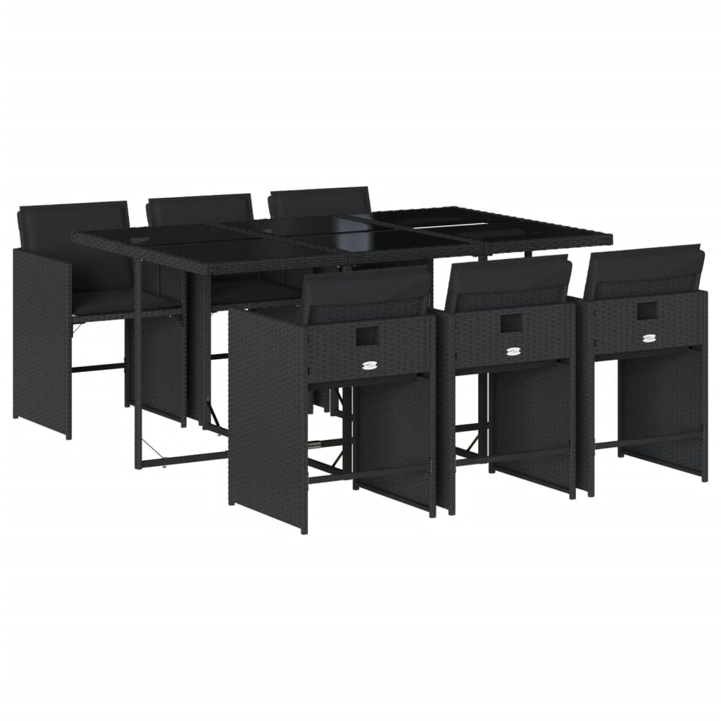 7 Piece Garden Dining Set with Cushions Black Poly Rattan