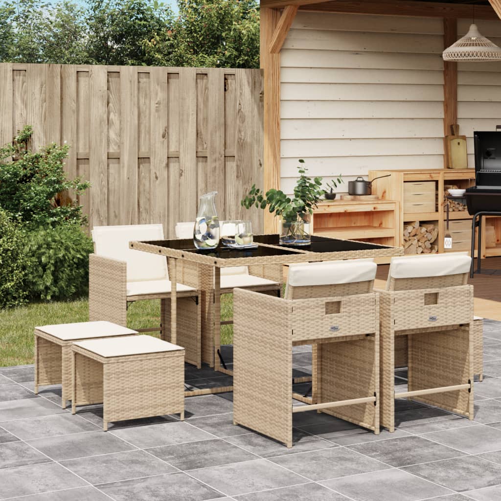 9 Piece Garden Dining Set with Cushions Beige Poly Rattan