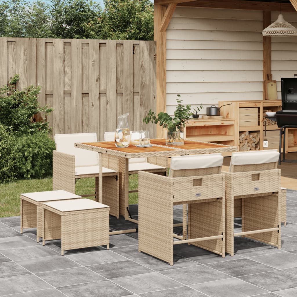 9 Piece Garden Dining Set with Cushions Beige Poly Rattan