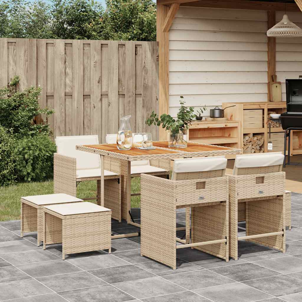 9 Piece Garden Dining Set with Cushions Beige Poly Rattan