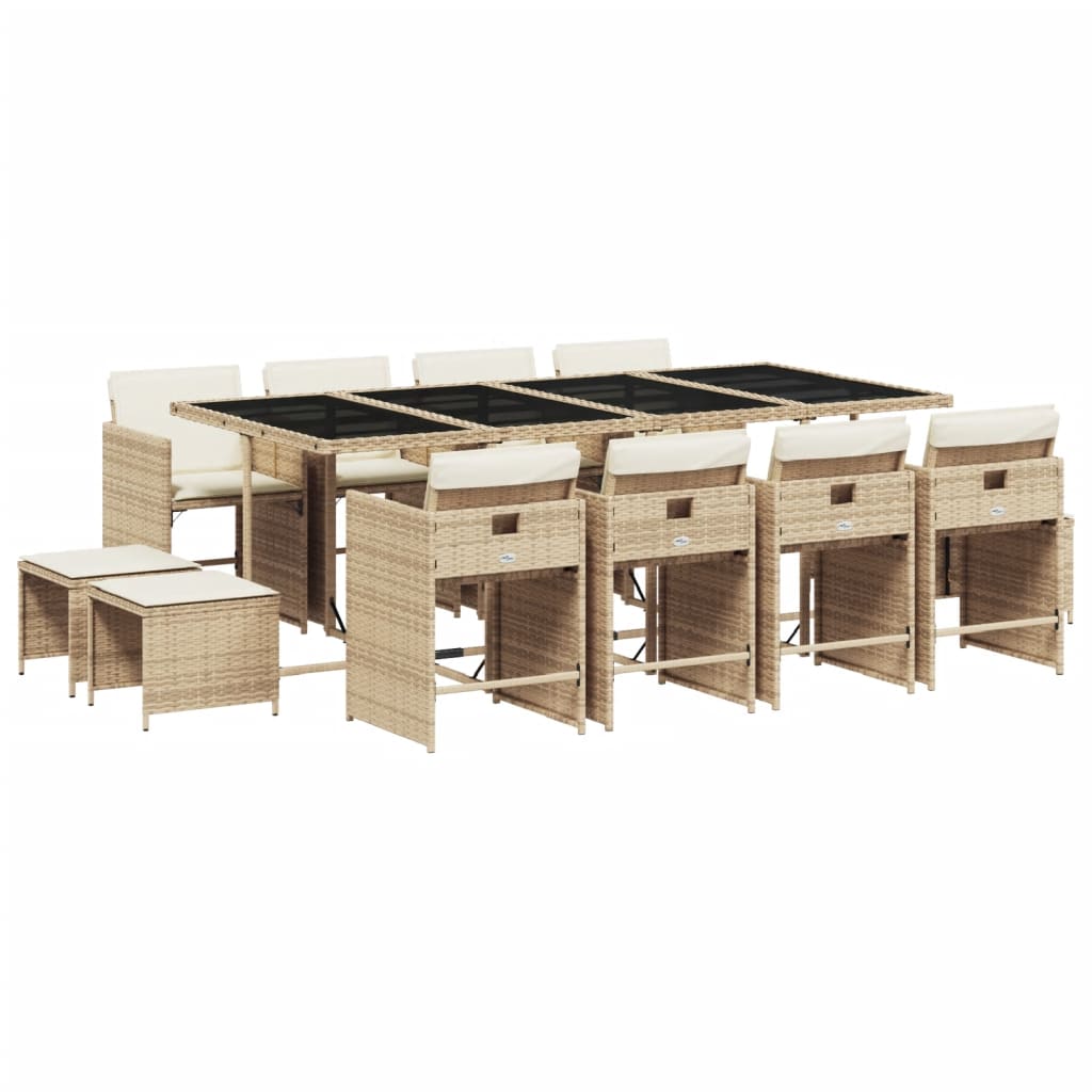 13 Piece Garden Dining Set with Cushions Beige Poly Rattan