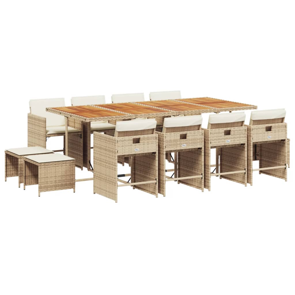 13 Piece Garden Dining Set with Cushions Beige Poly Rattan