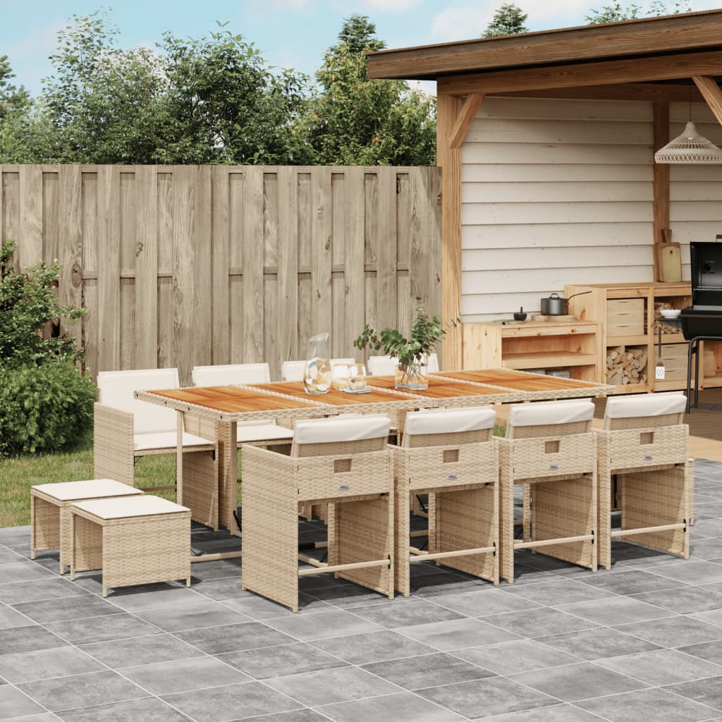13 Piece Garden Dining Set with Cushions Beige Poly Rattan
