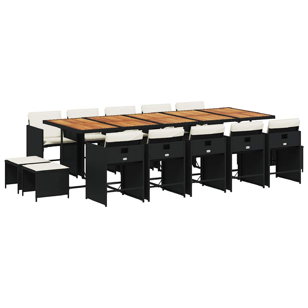 15 Piece Garden Dining Set with Cushions Black Poly Rattan