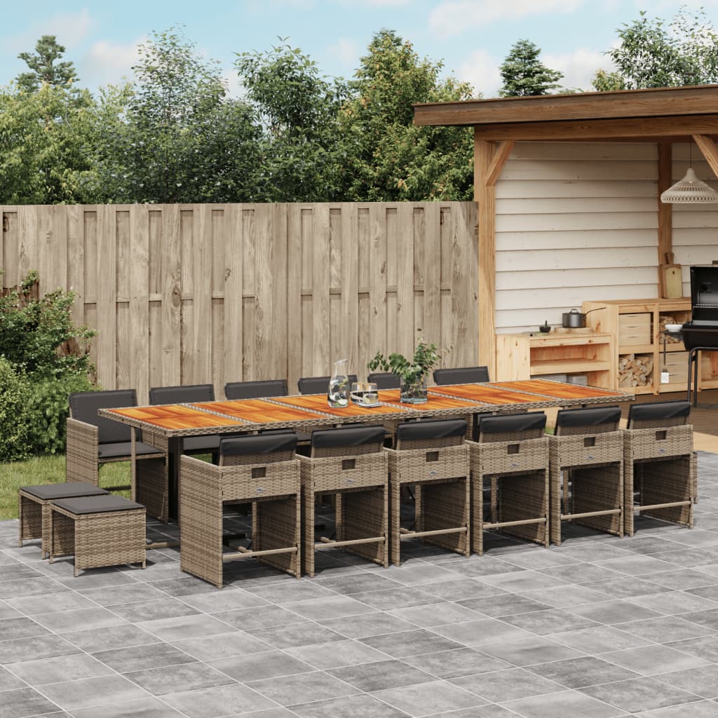17 Piece Garden Dining Set with Cushions Grey Poly Rattan