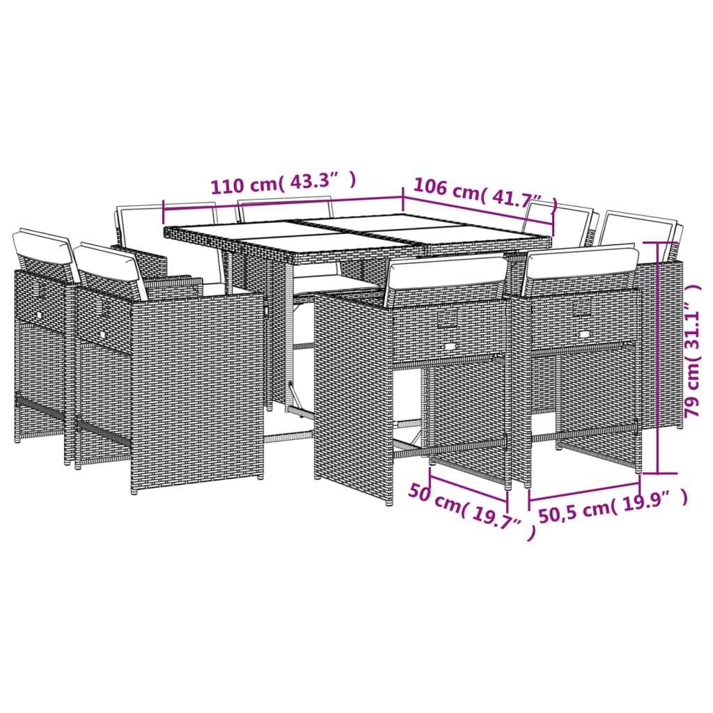9 Piece Garden Dining Set with Cushions Grey Poly Rattan