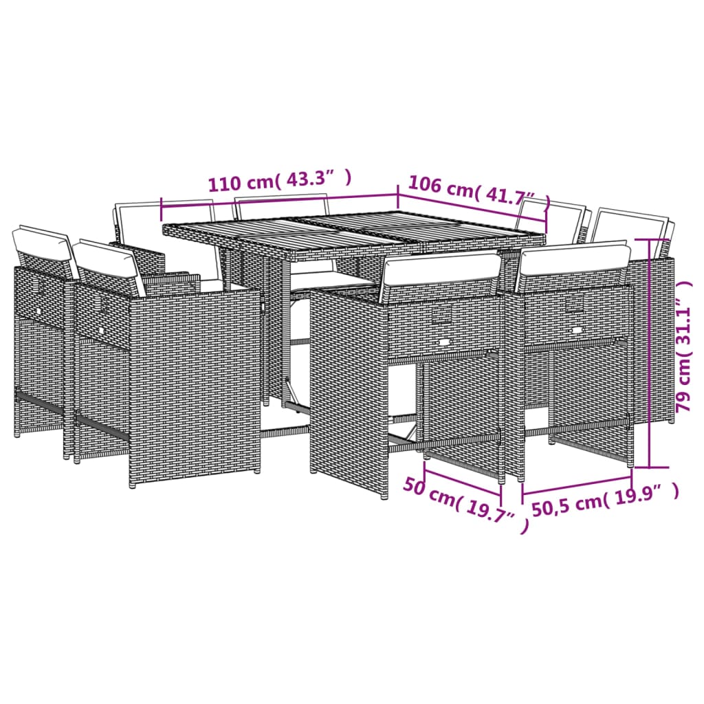 9 Piece Garden Dining Set with Cushions Grey Poly Rattan