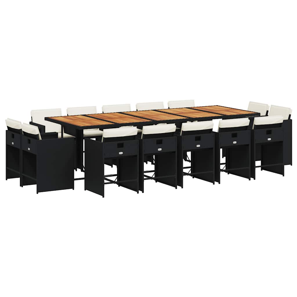 15 Piece Garden Dining Set with Cushions Black Poly Rattan