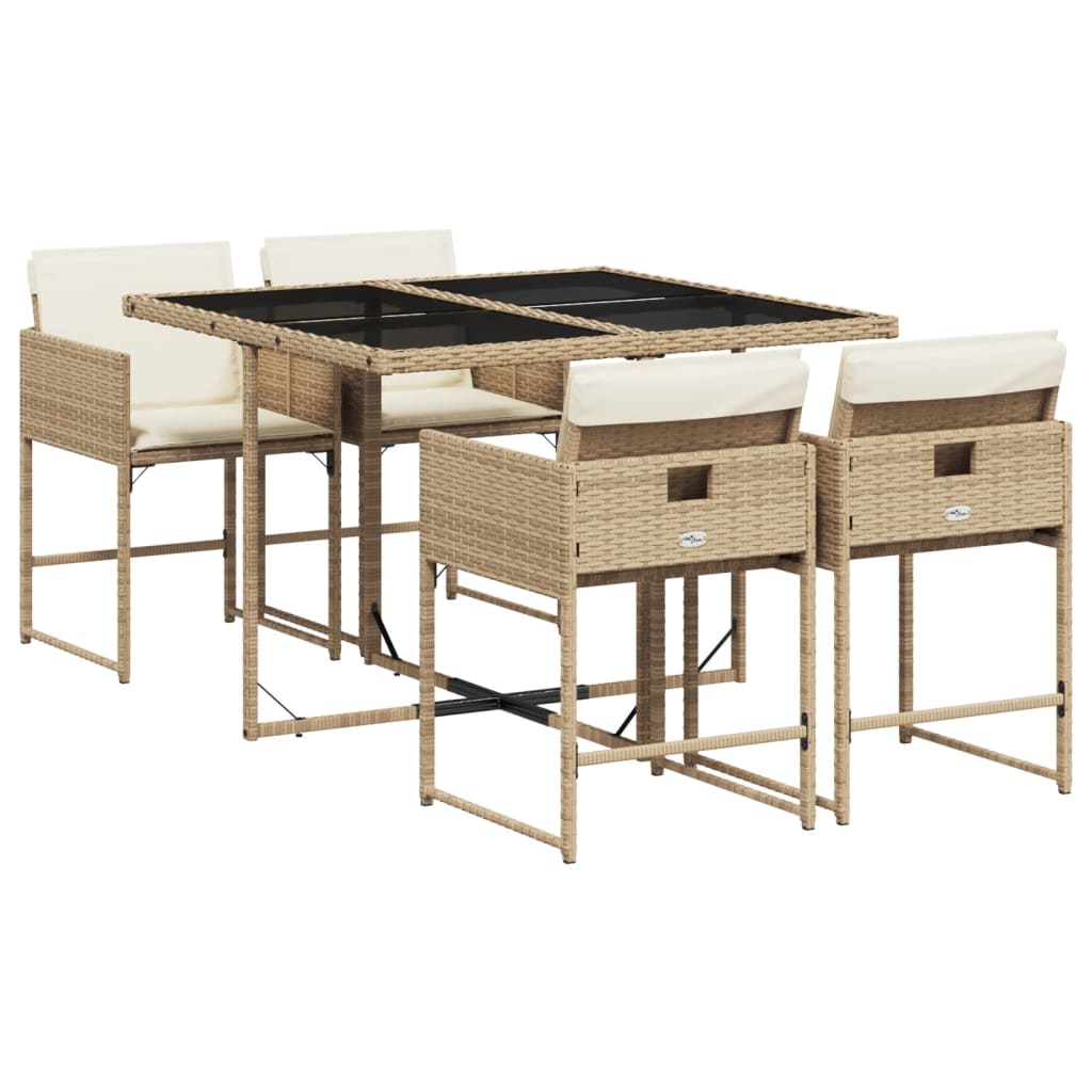 5 Piece Garden Dining Set with Cushions Beige Poly Rattan