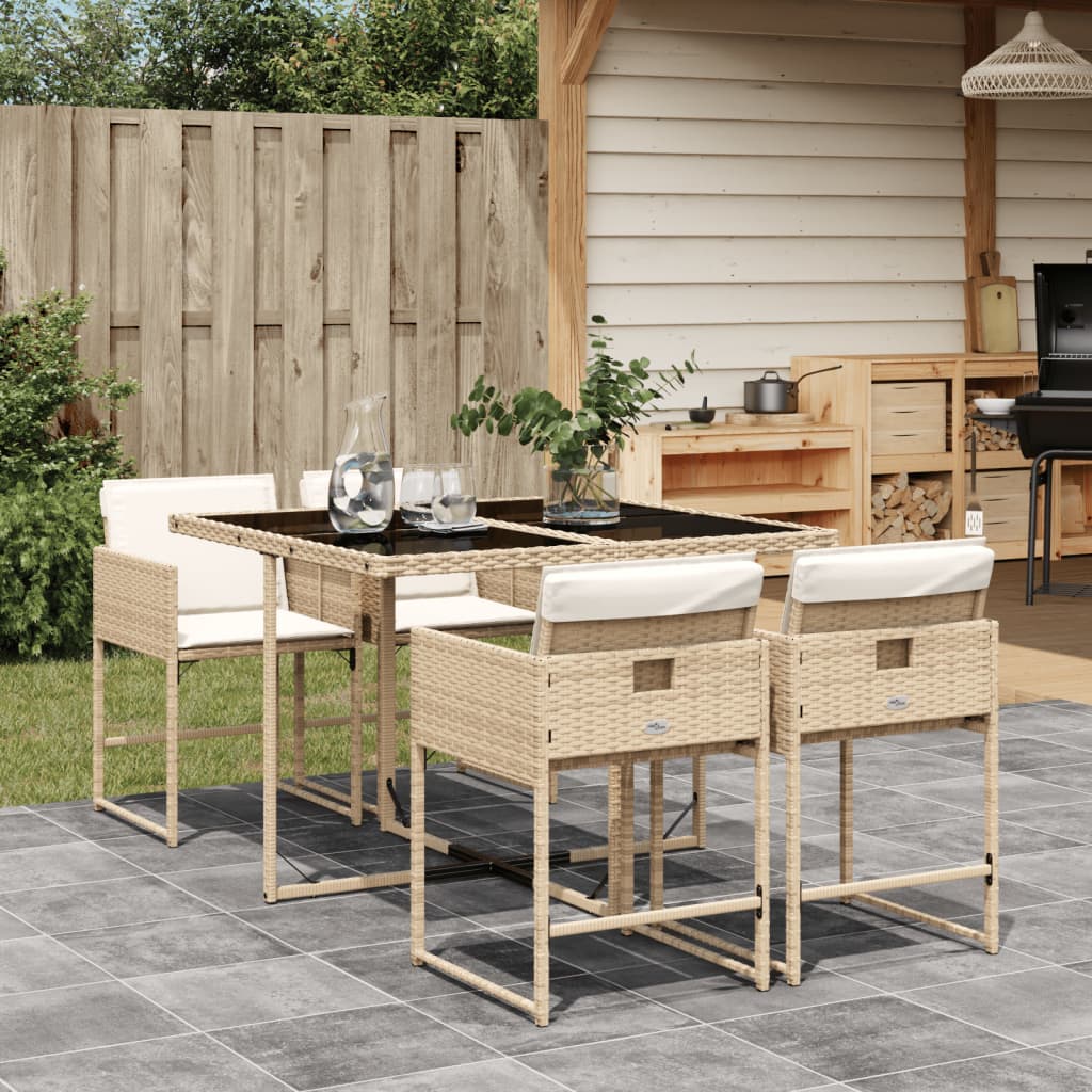 5 Piece Garden Dining Set with Cushions Beige Poly Rattan