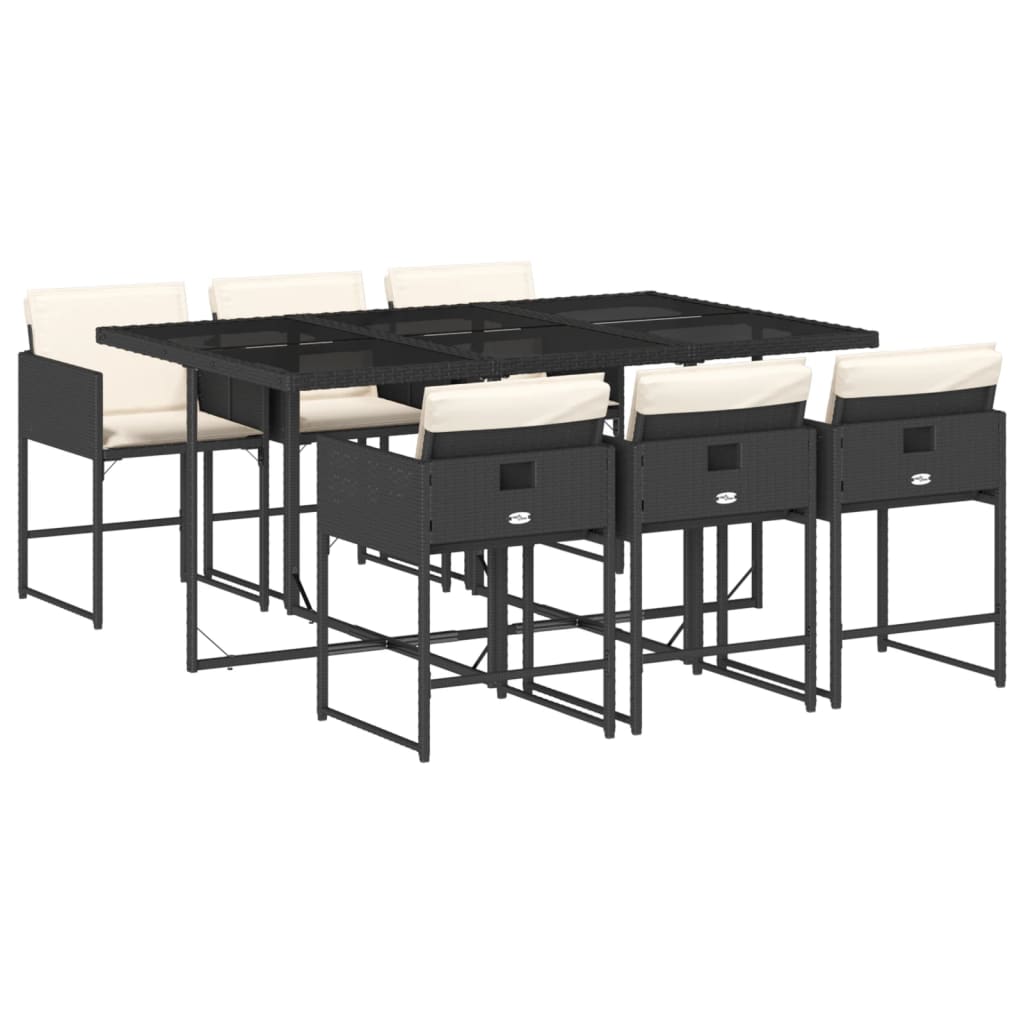 7 Piece Garden Dining Set with Cushions Black Poly Rattan