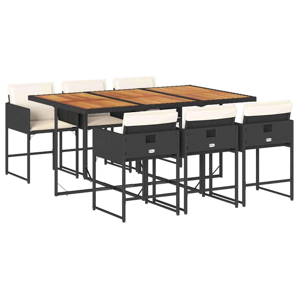 7 Piece Garden Dining Set with Cushions Black Poly Rattan