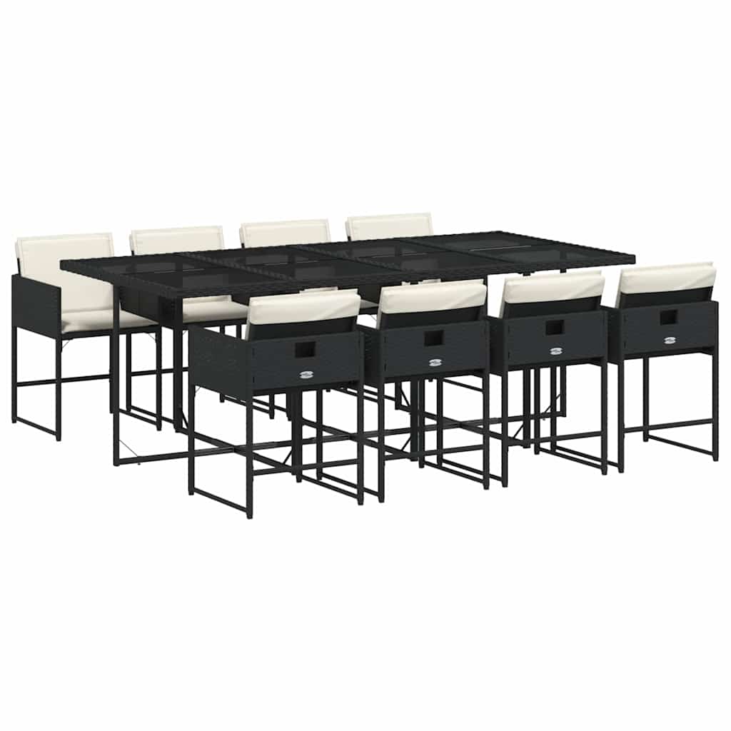 9 Piece Garden Dining Set with Cushions Black Poly Rattan
