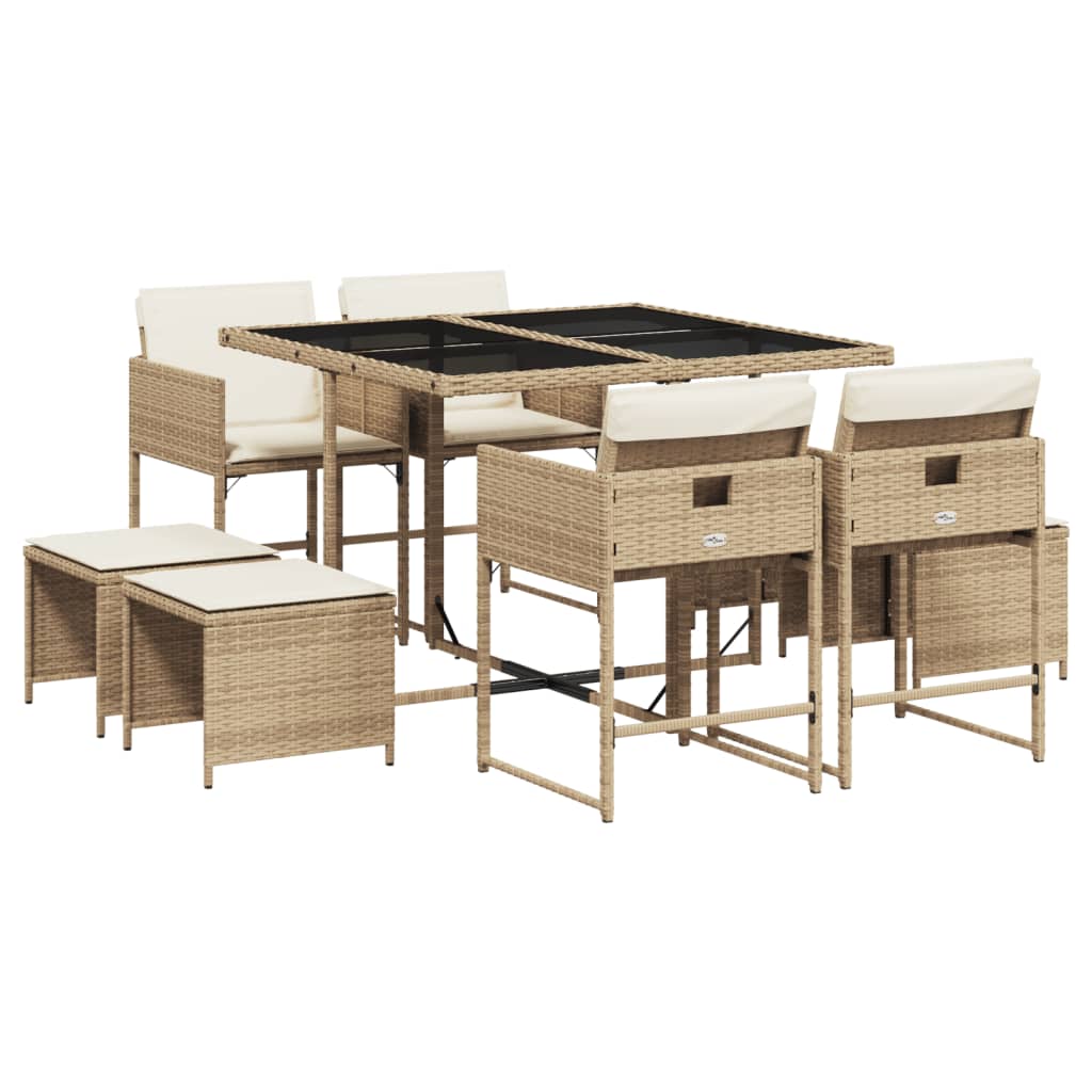 9 Piece Garden Dining Set with Cushions Beige Poly Rattan