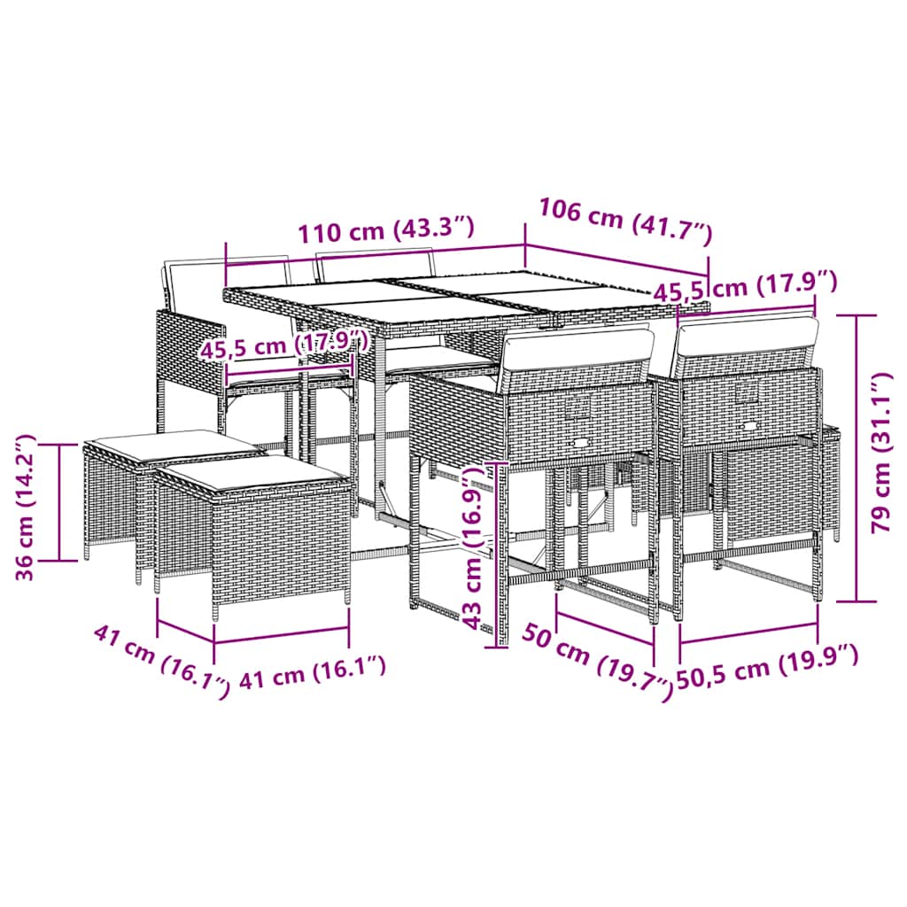9 Piece Garden Dining Set with Cushions Grey Poly Rattan