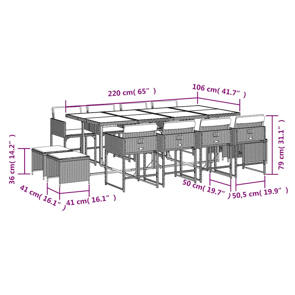 13 Piece Garden Dining Set with Cushions Beige Poly Rattan