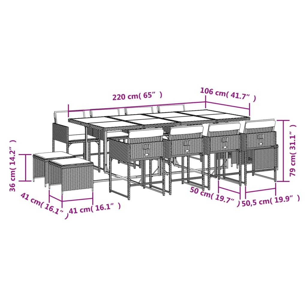 13 Piece Garden Dining Set with Cushions Beige Poly Rattan