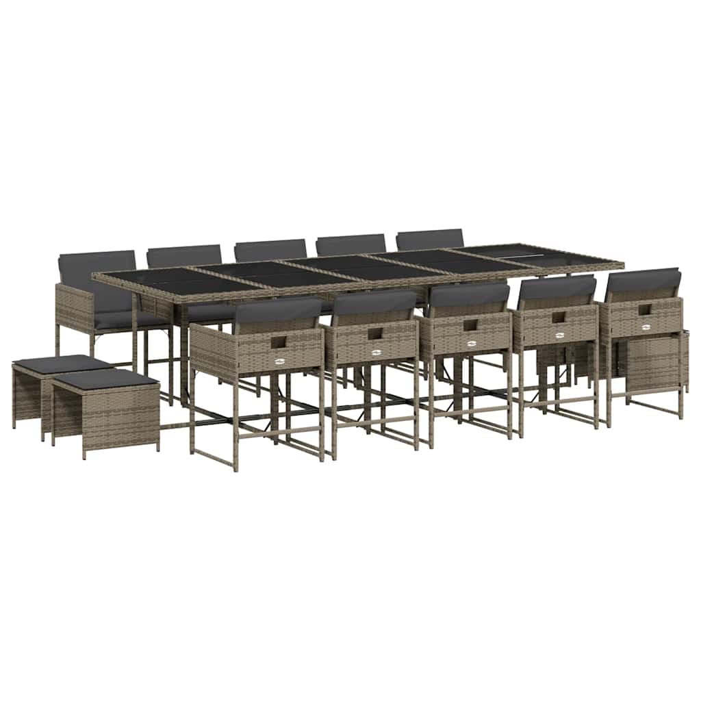 15 Piece Garden Dining Set with Cushions Grey Poly Rattan