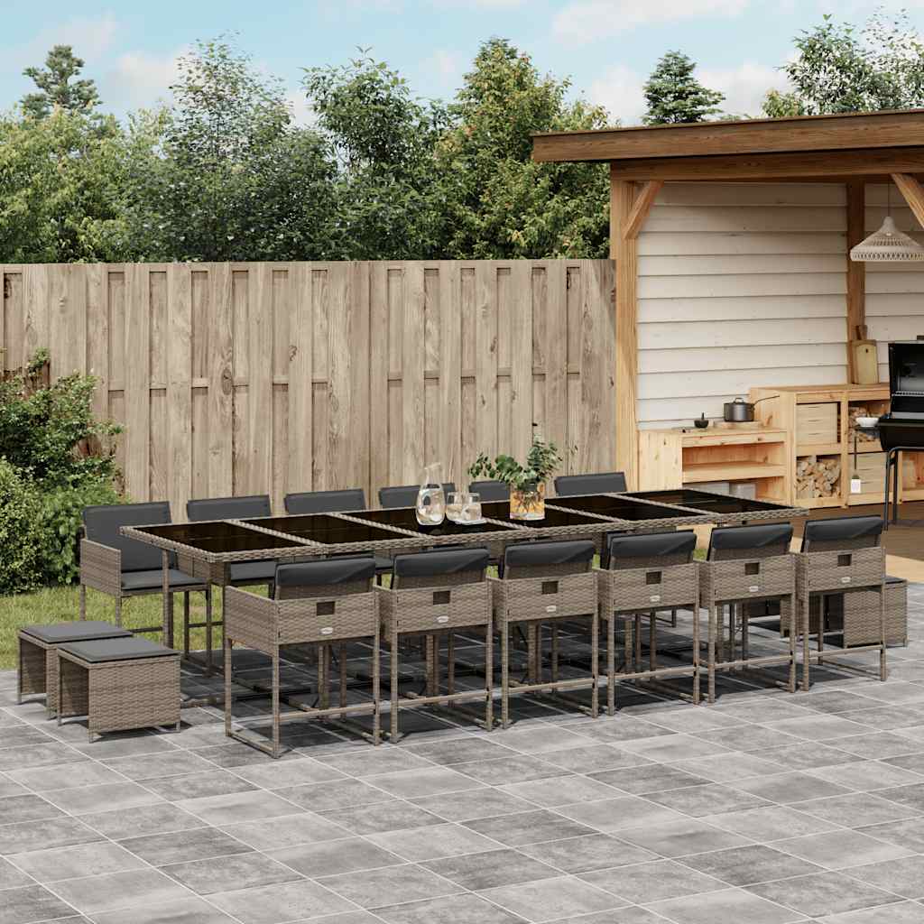 17 Piece Garden Dining Set with Cushions Grey Poly Rattan
