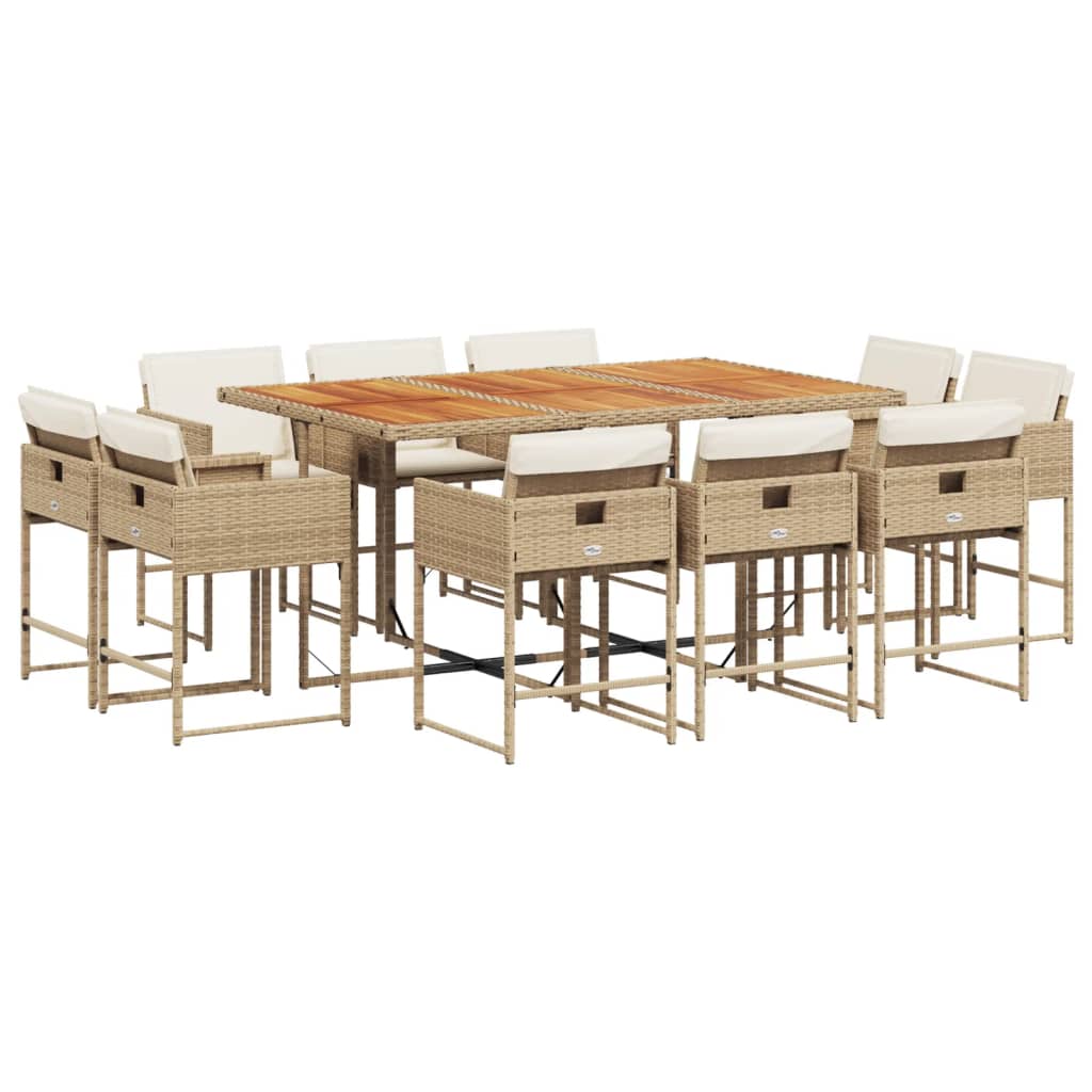 11 Piece Garden Dining Set with Cushions Beige Poly Rattan