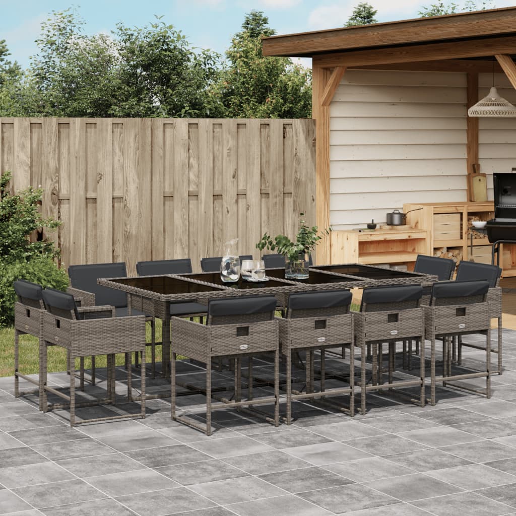 13 Piece Garden Dining Set with Cushions Grey Poly Rattan