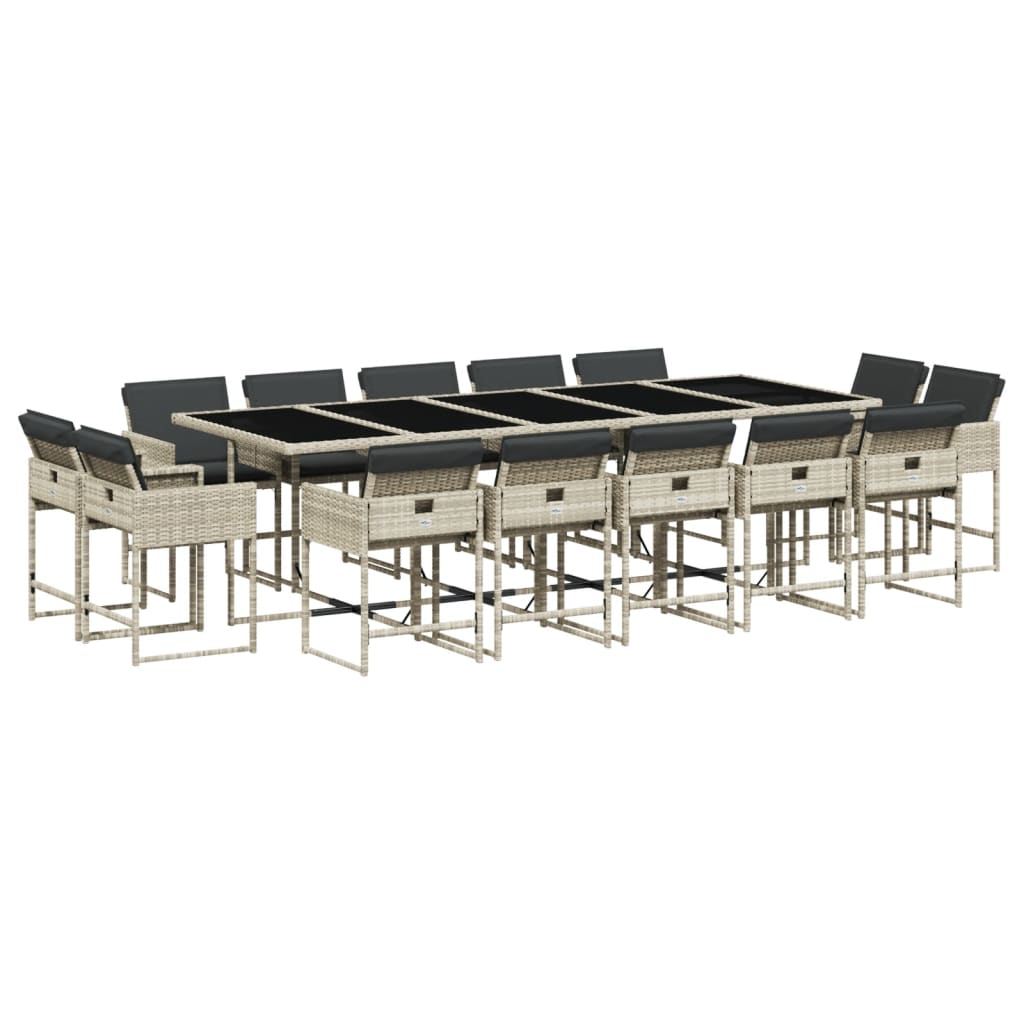 15 Piece Garden Dining Set with Cushions Light Grey Poly Rattan